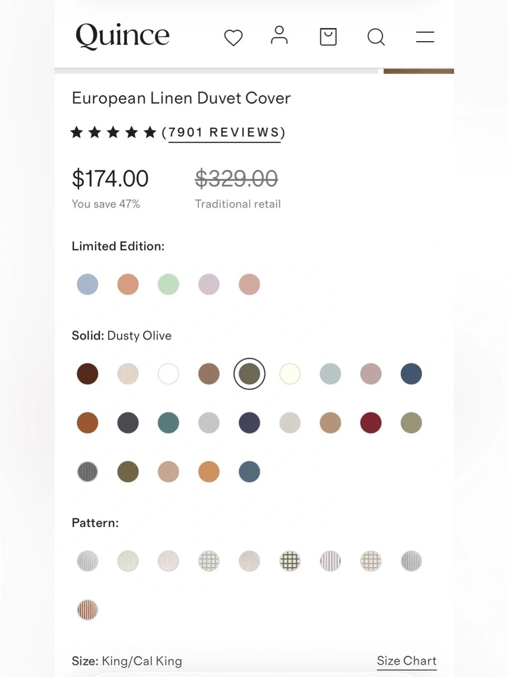 NWOT Quince European Linen 1 Piece Duvet Cover, King/Cal  (Dusty Olive)